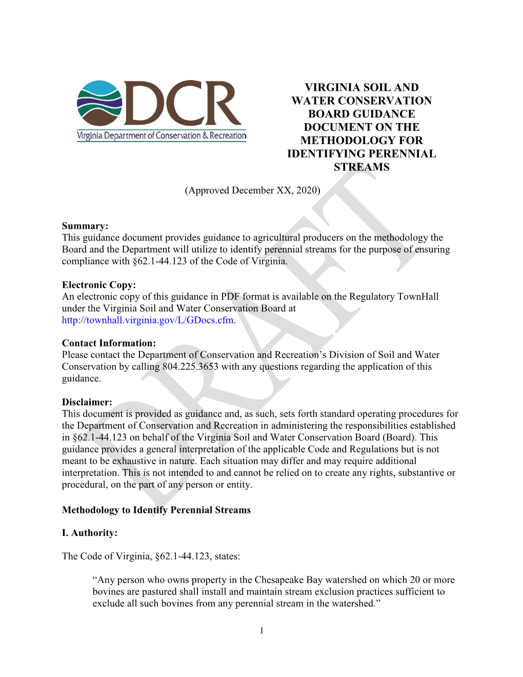 Virginia Soil and Water Conservation Board Guidance Document on the Methodology for Identifying Perennial Streams