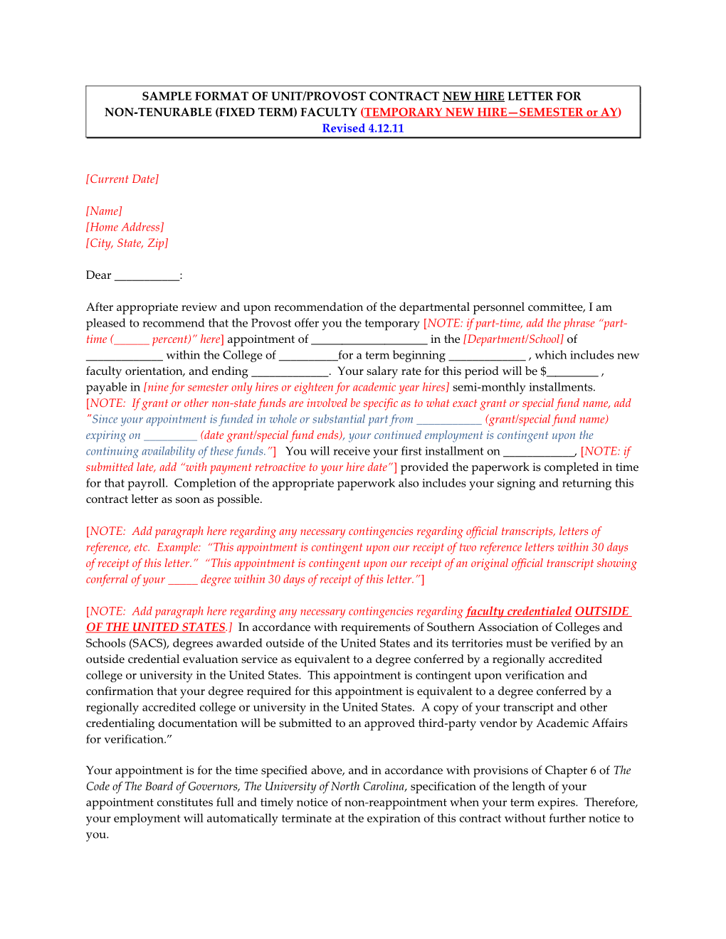 Sample Format of Unit/Provost Contract New Hire Letter For