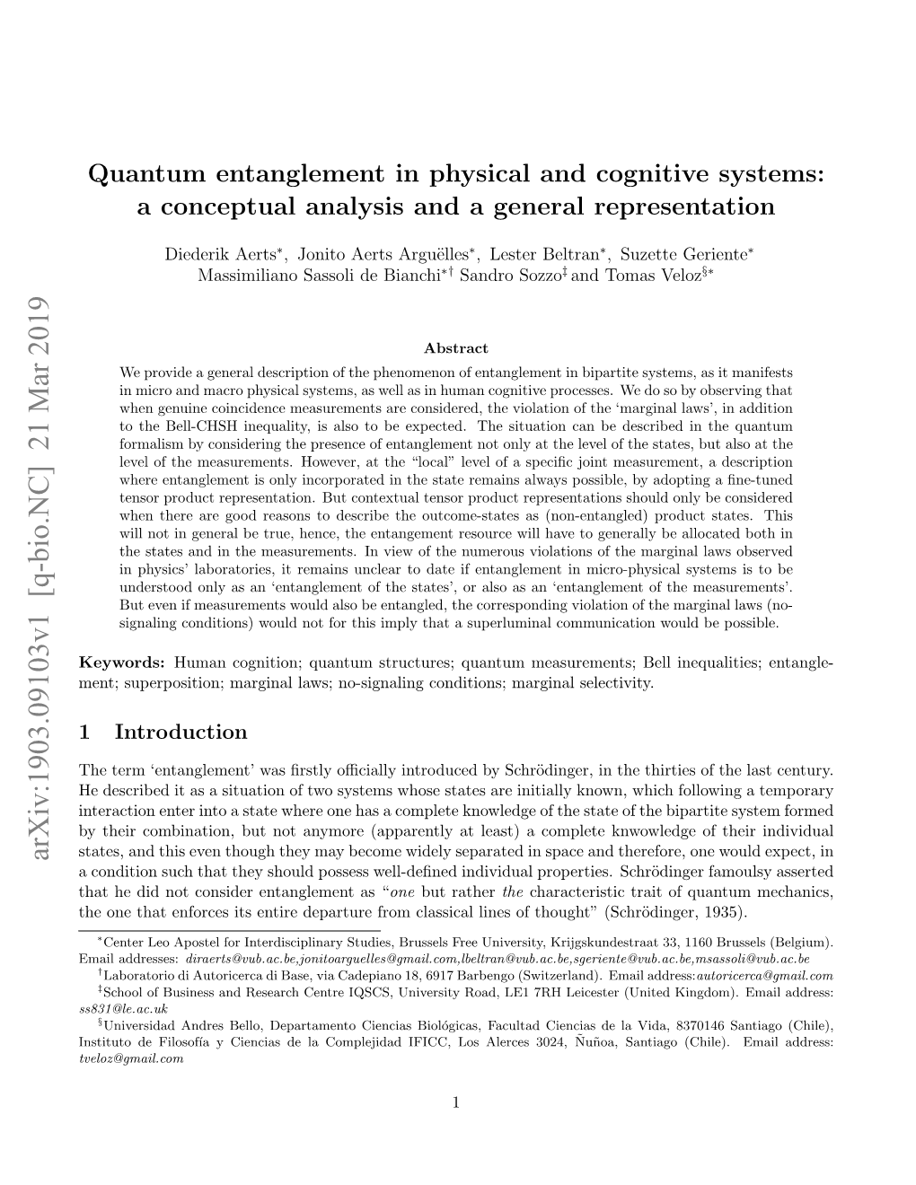 Quantum Entanglement in Physical and Cognitive Systems: a Conceptual Analysis and a General Representation