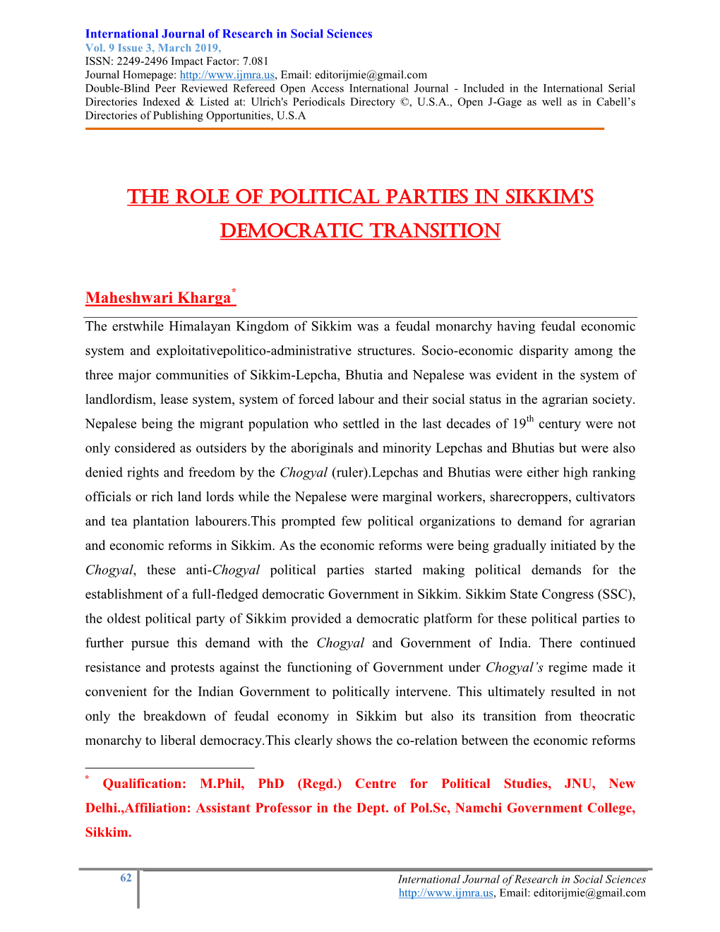 The Role of Political Parties in Sikkim's Democratic