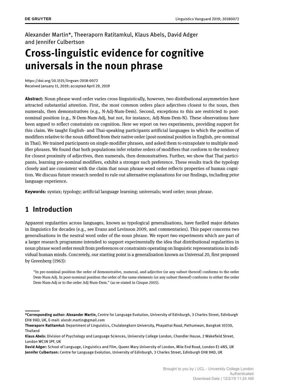 Cross-Linguistic Evidence for Cognitive Universals in the Noun Phrase Received January 11, 2019; Accepted April 29, 2019