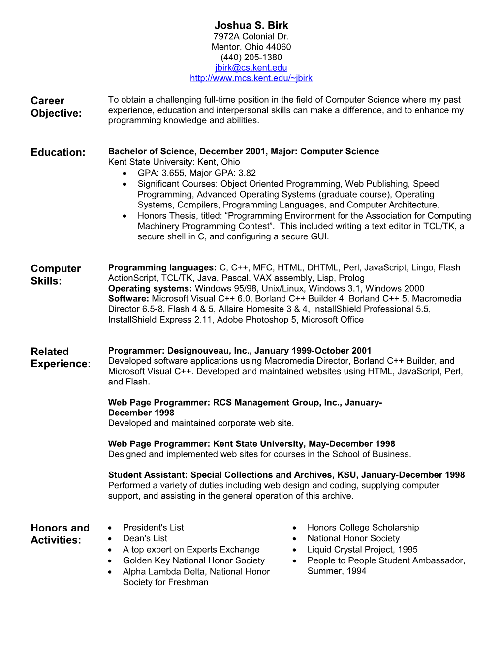 Resume of Joshua S. Birk