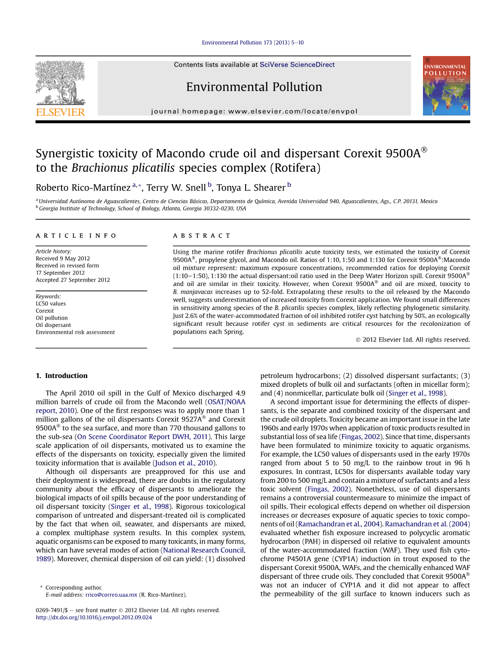 Synergistic Toxicity of Macondo Crude Oil and Dispersant Corexit 9500A&Reg