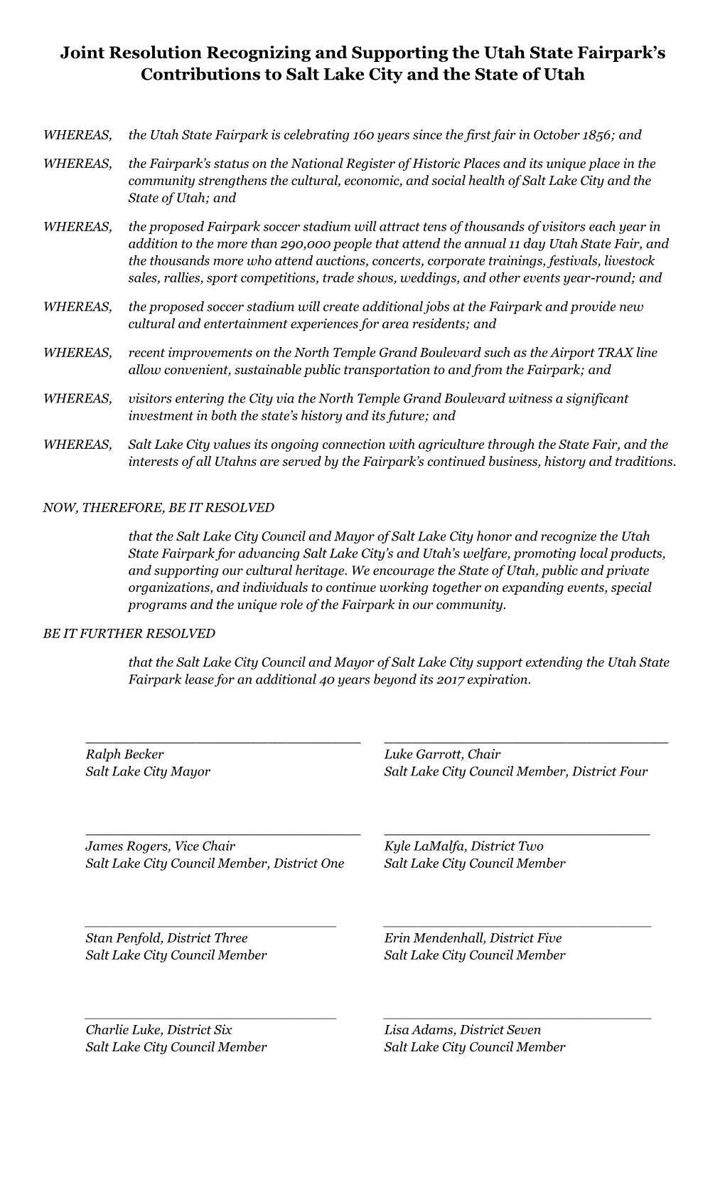 Joint Resolution Recognizing and Supporting the Utah State Fairpark’S Contributions to Salt Lake City and the State of Utah