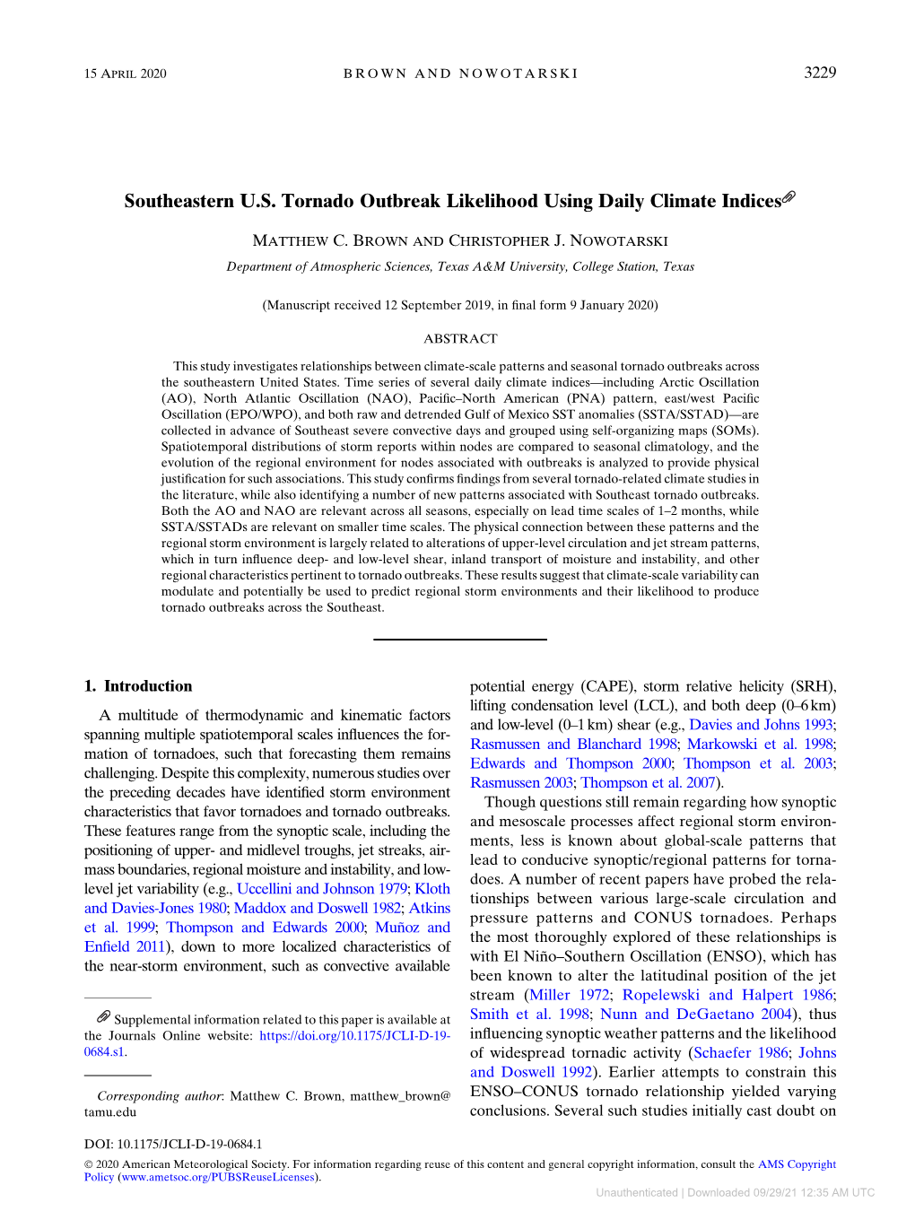 Southeastern U.S. Tornado Outbreak Likelihood Using Daily Climate Indices