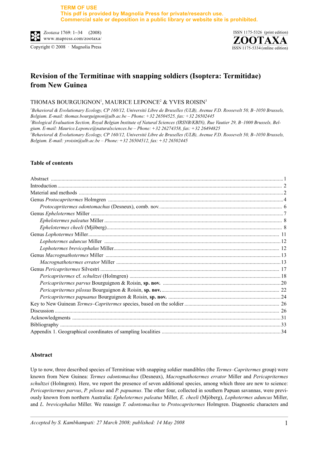 Zootaxa, Revision of the Termitinae with Snapping Soldiers