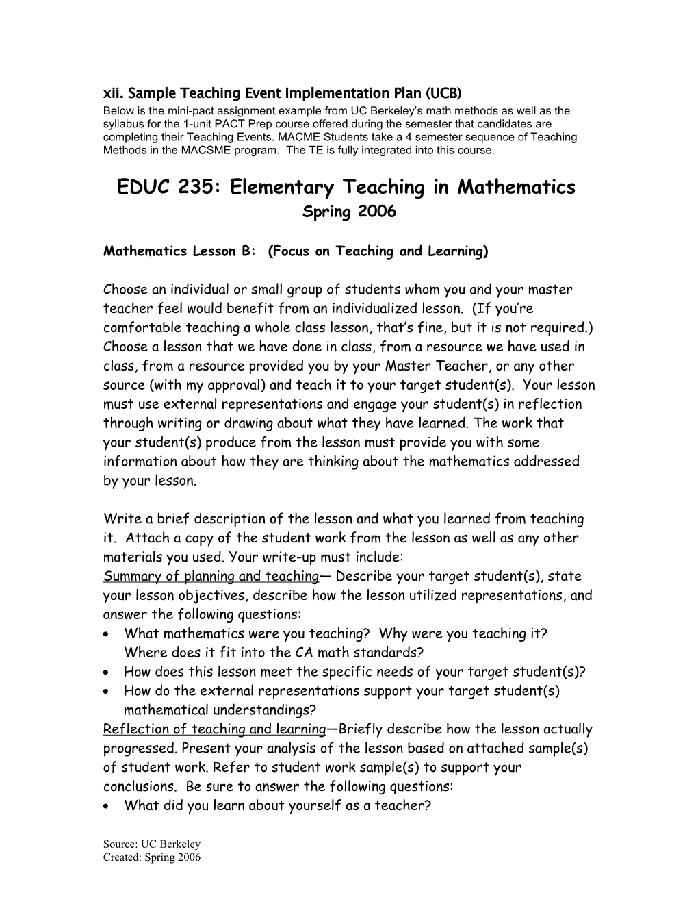 Xii. Sample Teaching Event Implementation Plan (UCB)