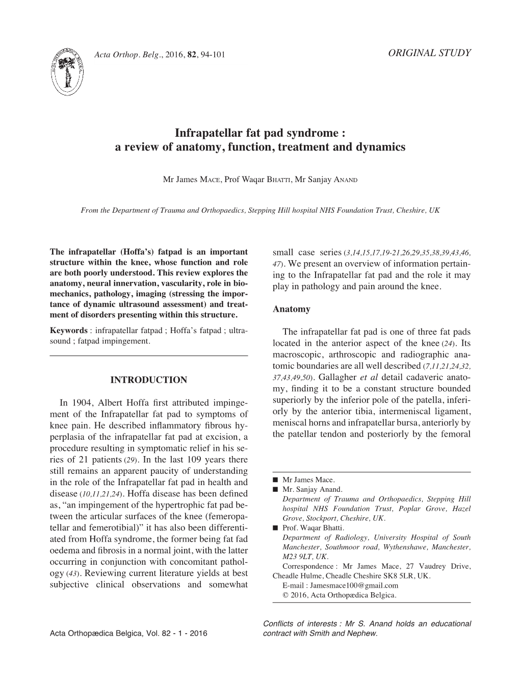 Infrapatellar Fat Pad Syndrome : a Review of Anatomy, Function, Treatment and Dynamics