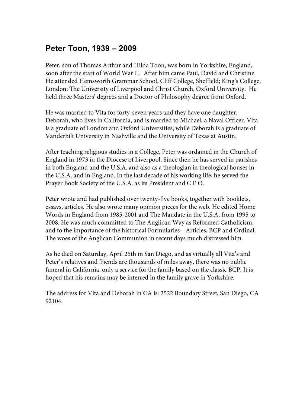 Peter Toon, 1939 – 2009