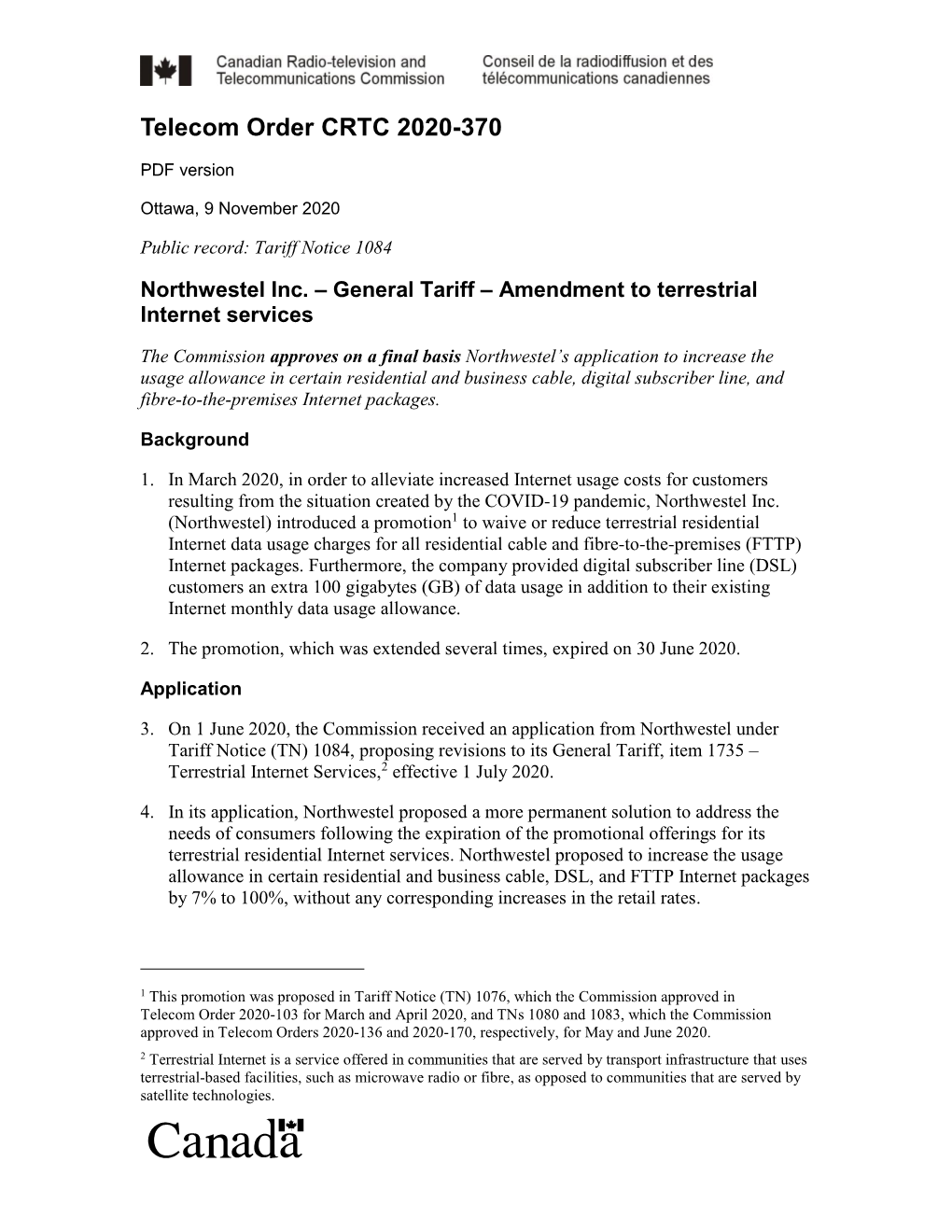 Northwestel Inc. – General Tariff – Amendment to Terrestrial Internet Services