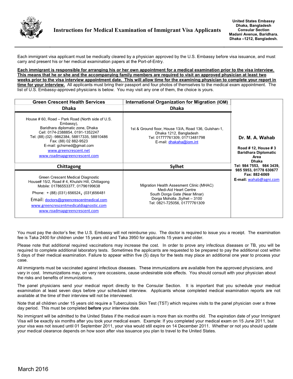 Instructions for Medical Examination of Immigrant Visa Applicants March