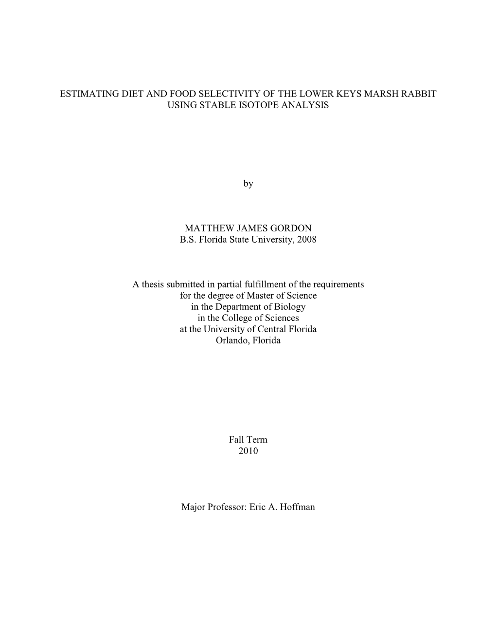 Estimating Diet and Food Selectivity of the Lower Keys Marsh Rabbit Using Stable Isotope Analysis