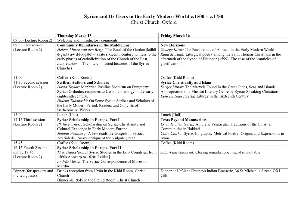 Syriac and Its Users in the Early Modern World C.1500 – C.1750 Christ Church, Oxford