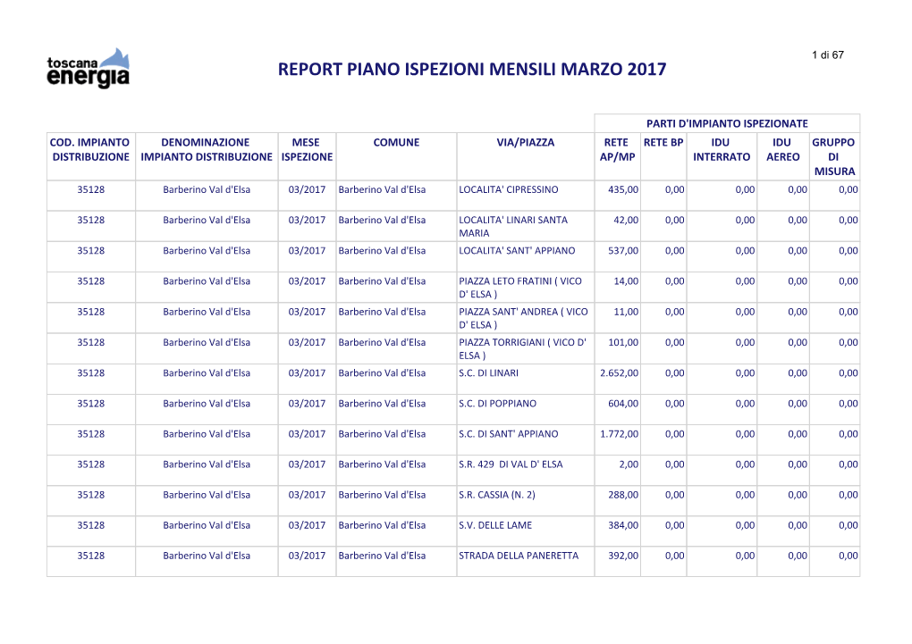 Report Piano Ispezioni Mensili Marzo 2017