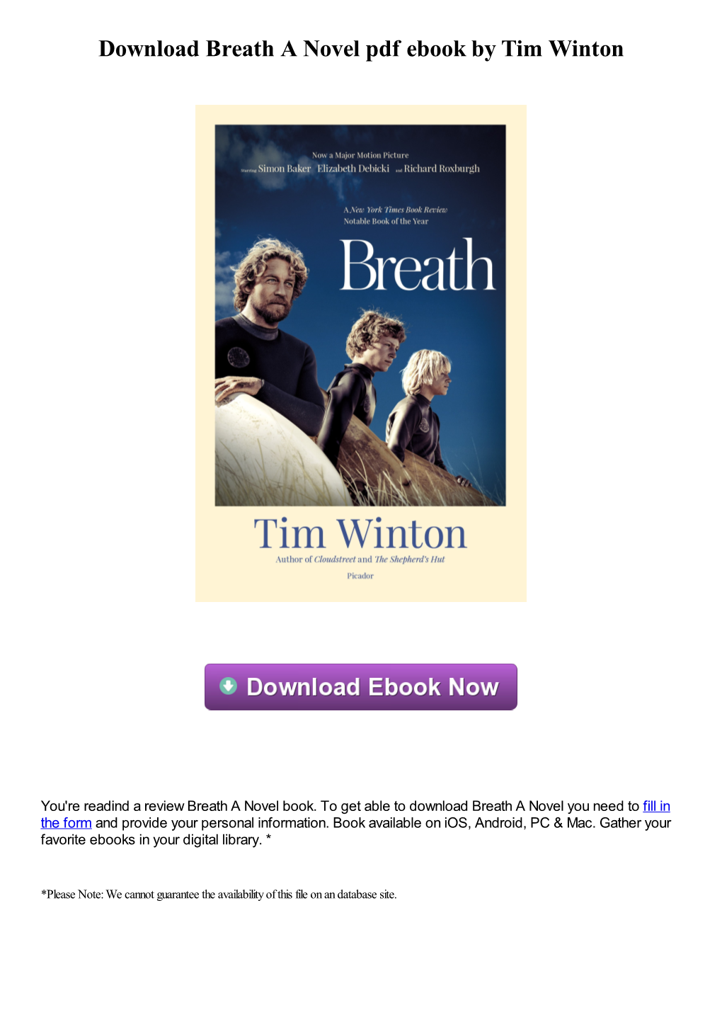 Download Breath a Novel Pdf Ebook by Tim Winton