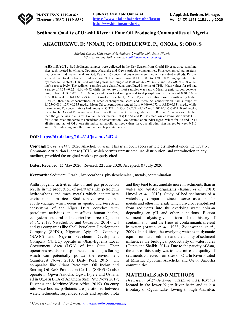 Sediment Quality of Orashi River at Four Oil Producing Communities of Nigeria