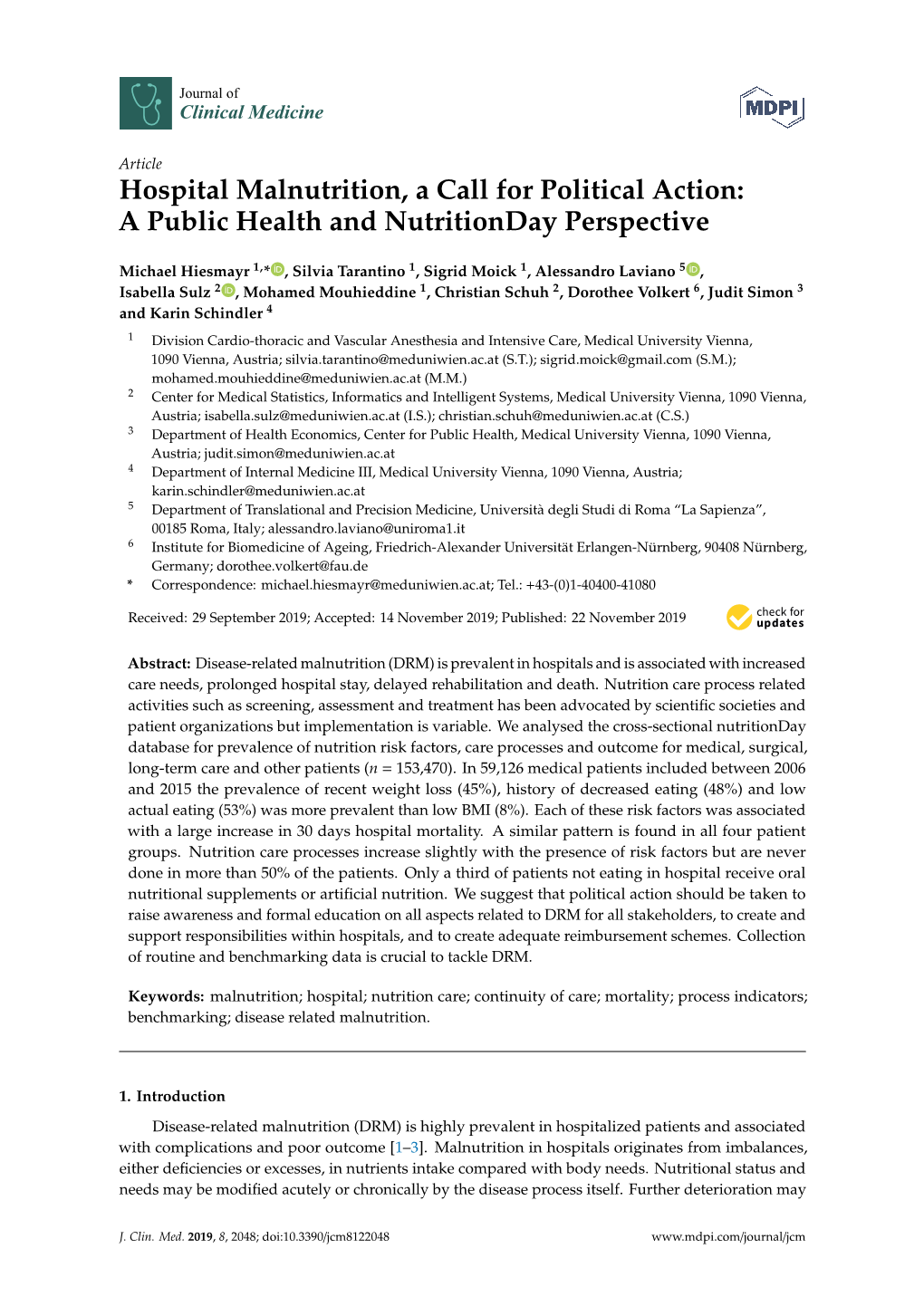 Hospital Malnutrition, a Call for Political Action: a Public Health and Nutritionday Perspective