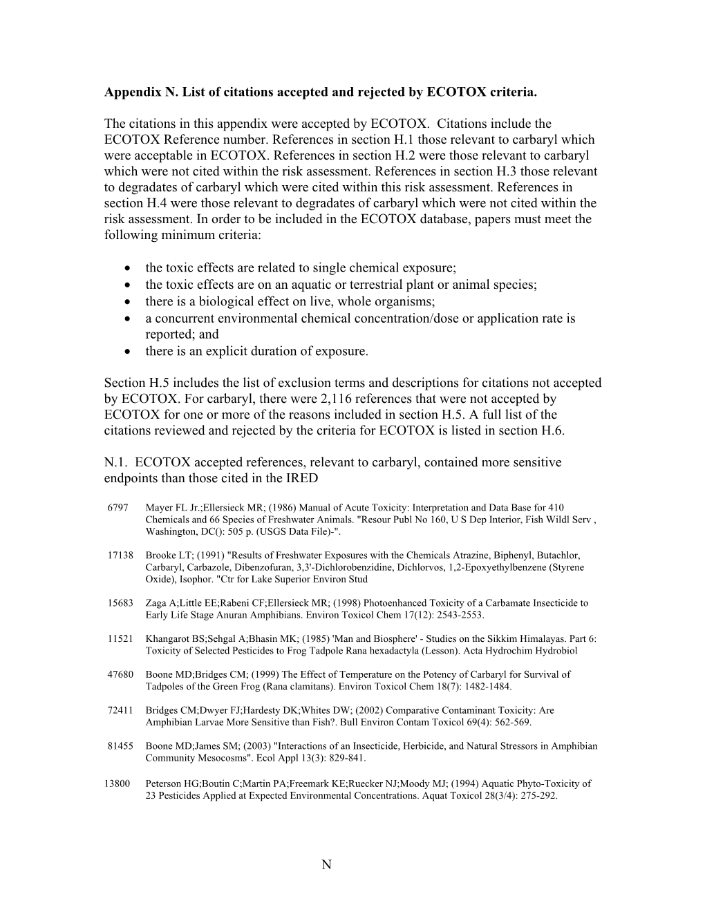 Appendix N. List of Citations Accepted and Rejected by ECOTOX Criteria