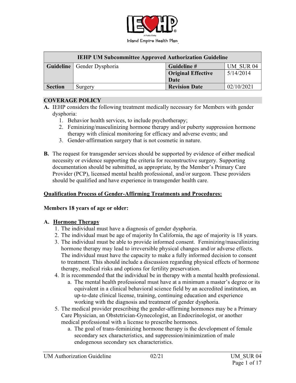 Gender Dysphoria Guideline # UM SUR 04 Original Effective 5/14/2014 Date Section Surgery Revision Date 02/10/2021