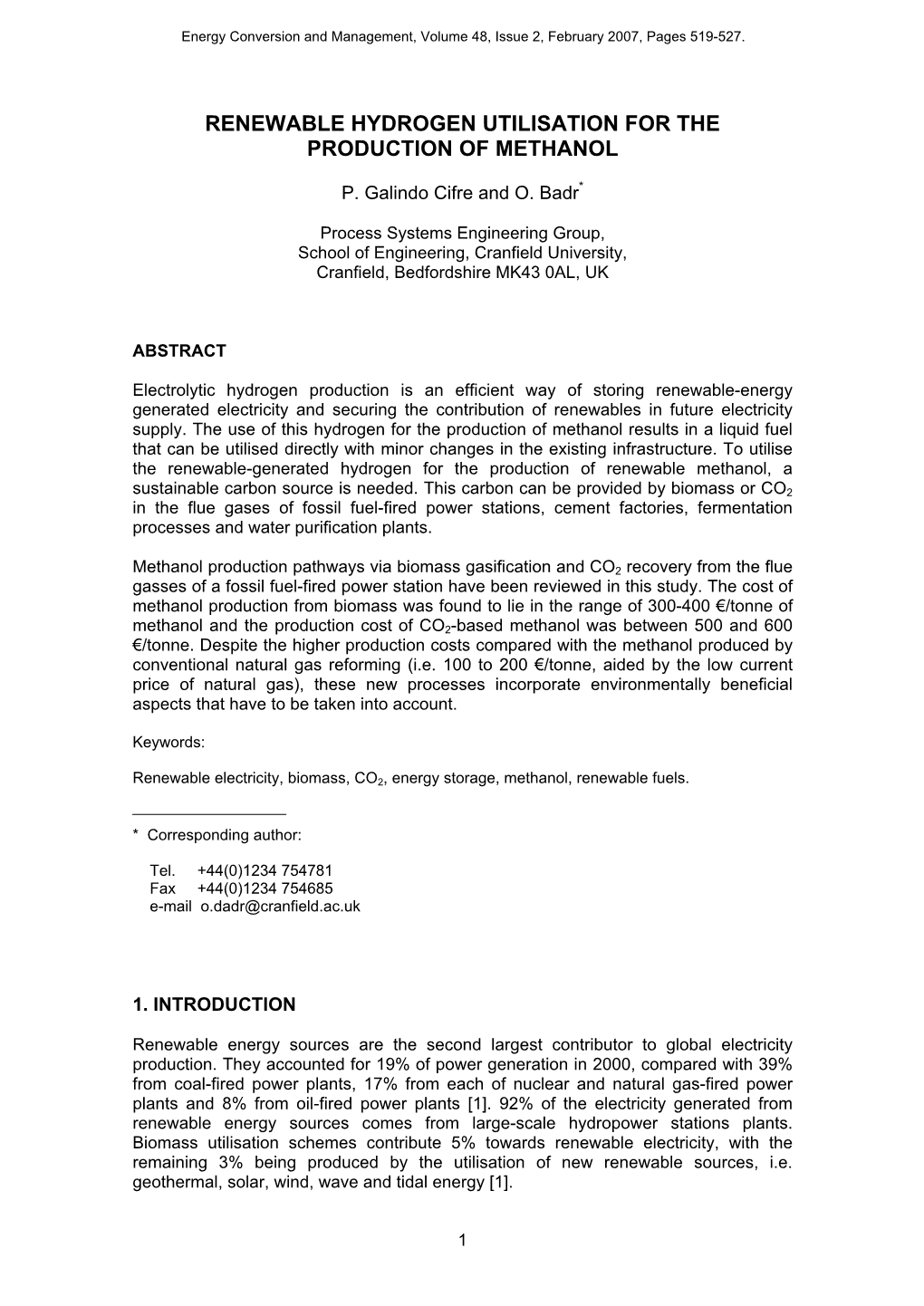 Renewable Hydrogen Utilisation for the Production of Methanol