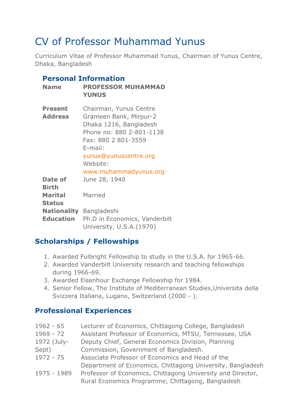 CV of Professor Muhammad Yunus