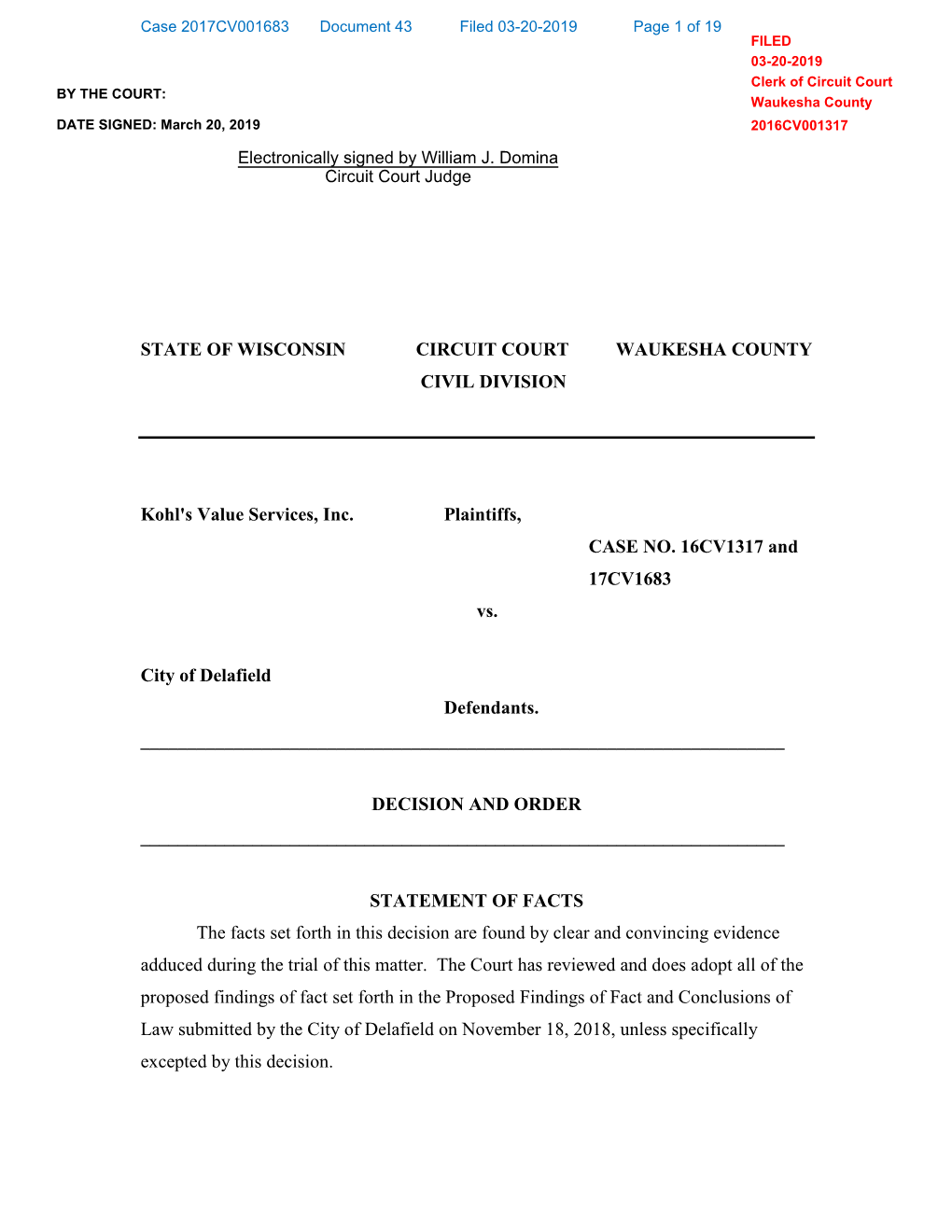 Case 2017CV001683 Document 43 Filed 03-20-2019 Page 1 of 19