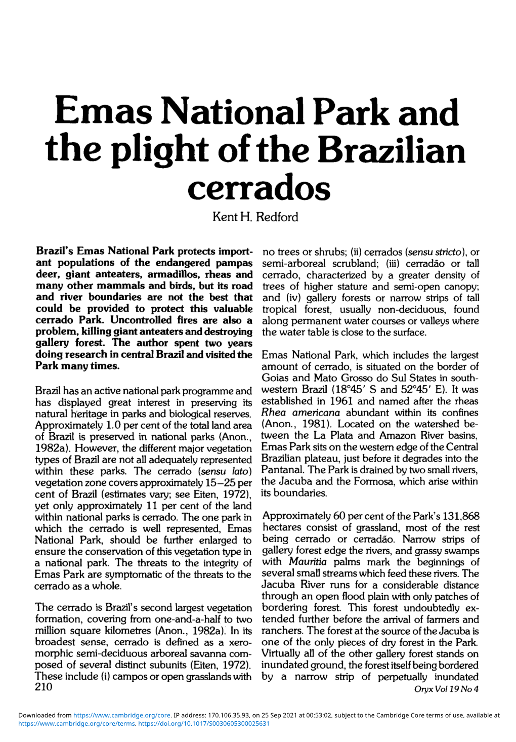 Emas National Park and the Plight of the Brazilian Cerrados Kent H