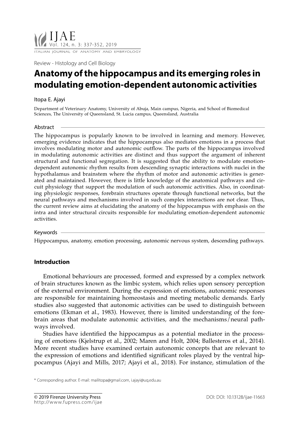 Anatomy of the Hippocampus and Its Emerging Roles in Modulating Emotion-Dependent Autonomic Activities