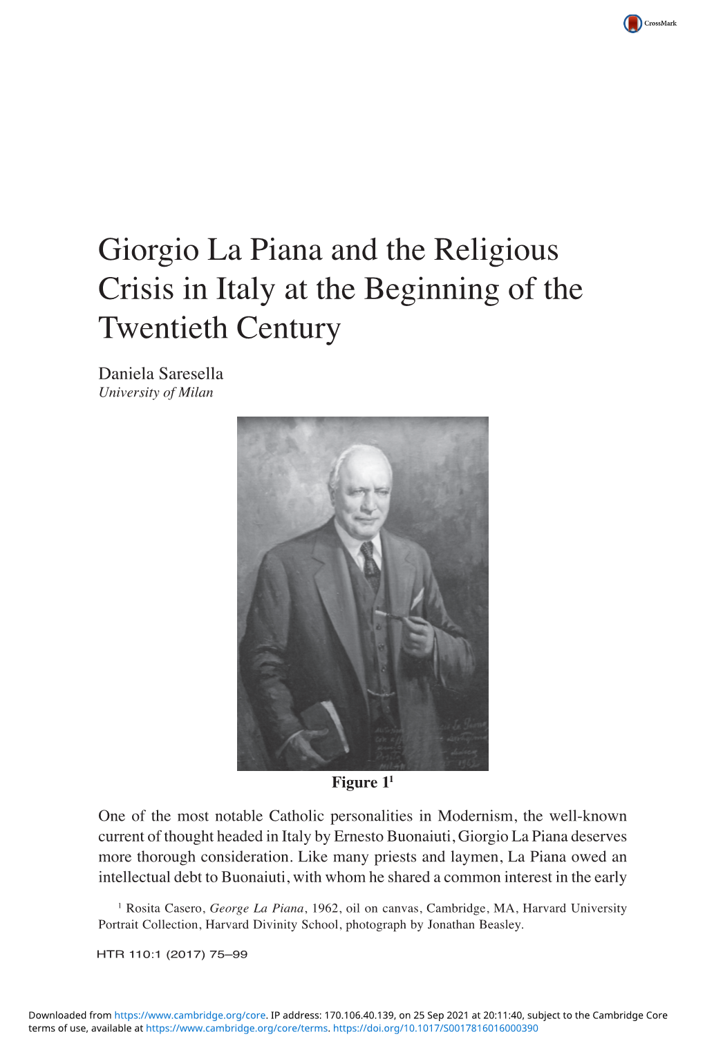 Giorgio La Piana and the Religious Crisis in Italy at the Beginning of the Twentieth Century Daniela Saresella University of Milan