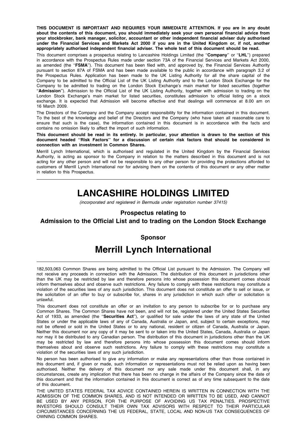 LANCASHIRE HOLDINGS LIMITED Merrill Lynch International