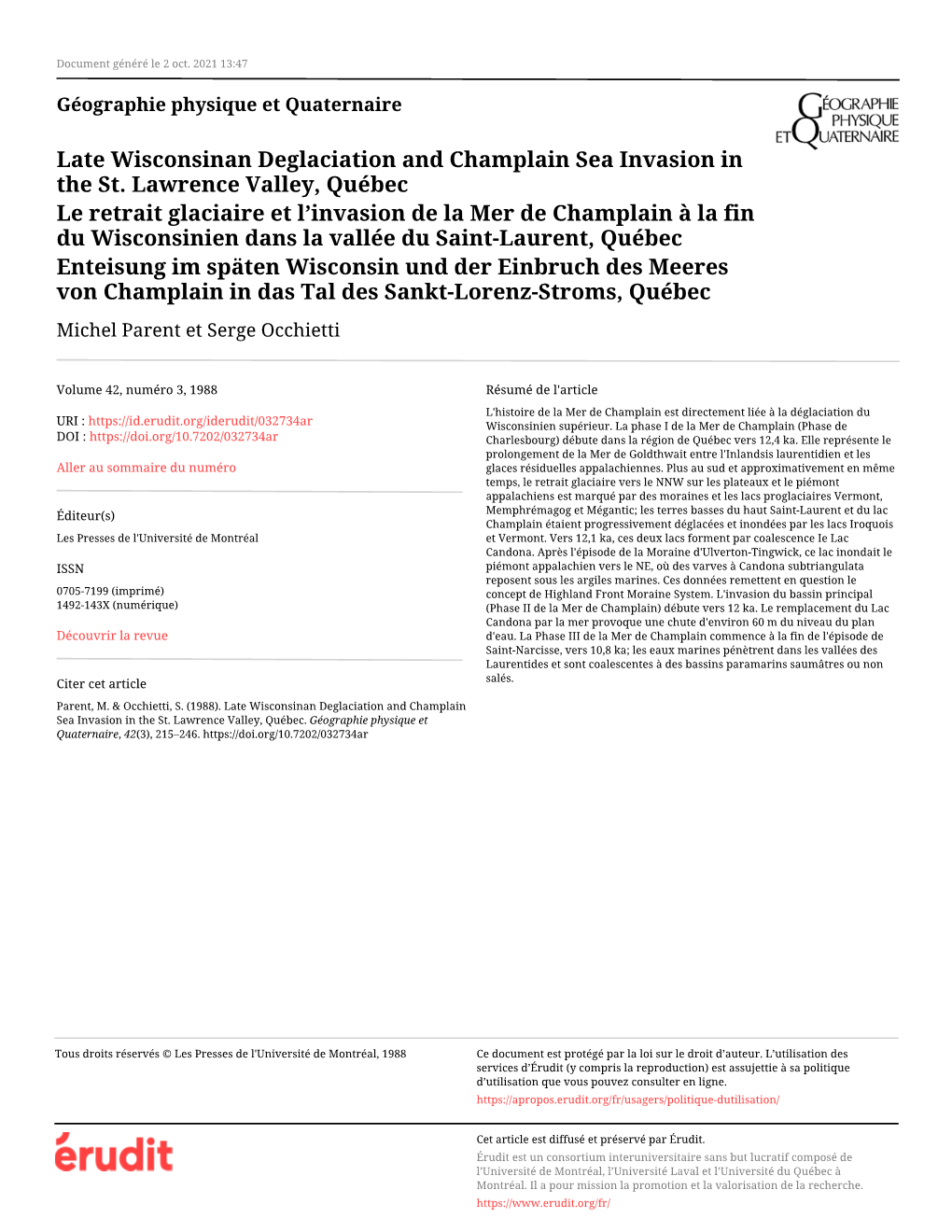 Late Wisconsinan Deglaciation and Champlain Sea Invasion in the St