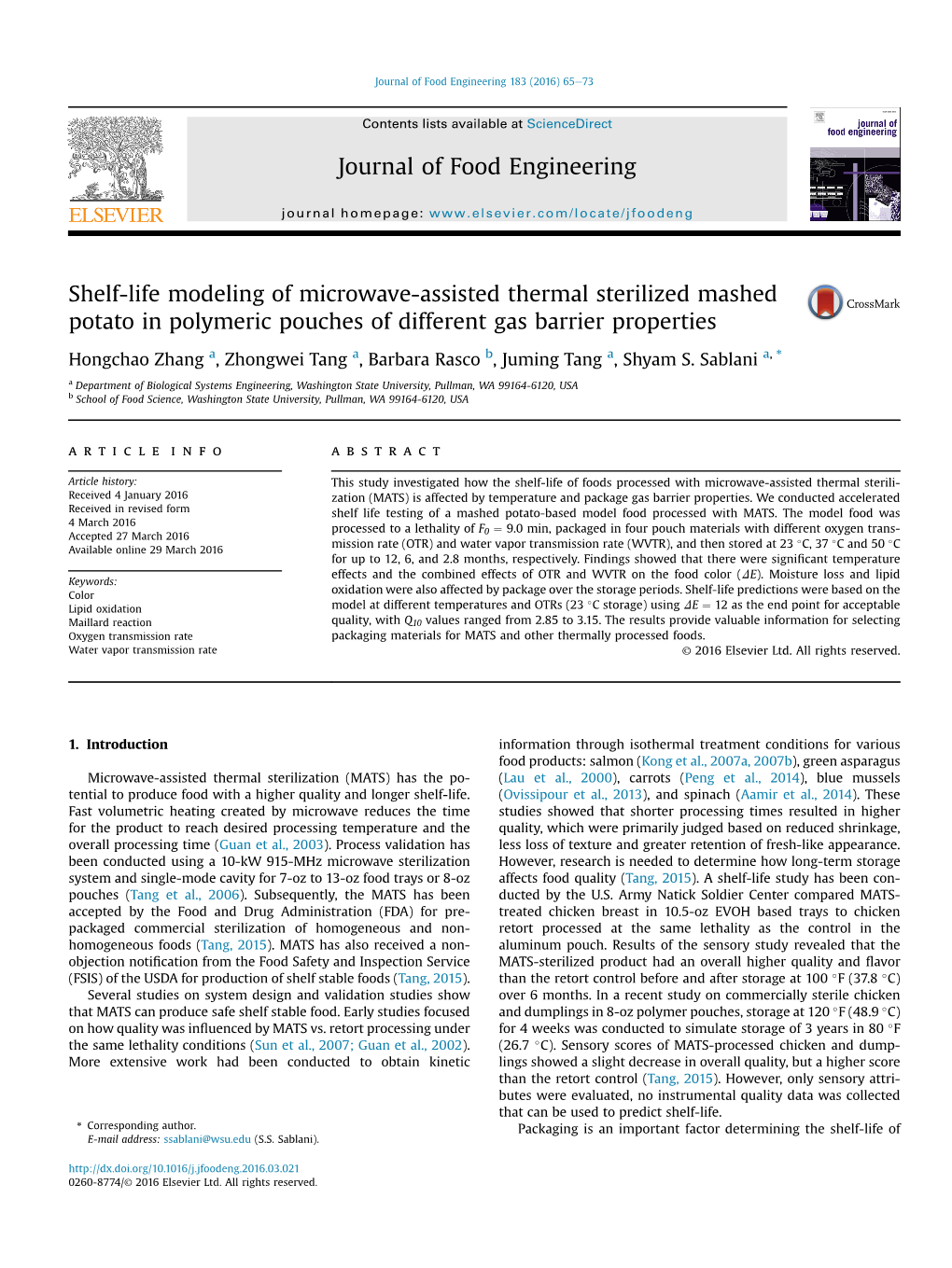 Shelf-Life Modeling of Microwave-Assisted Thermal Sterilized Mashed Potato in Polymeric Pouches of Different Gas Barrier Properties