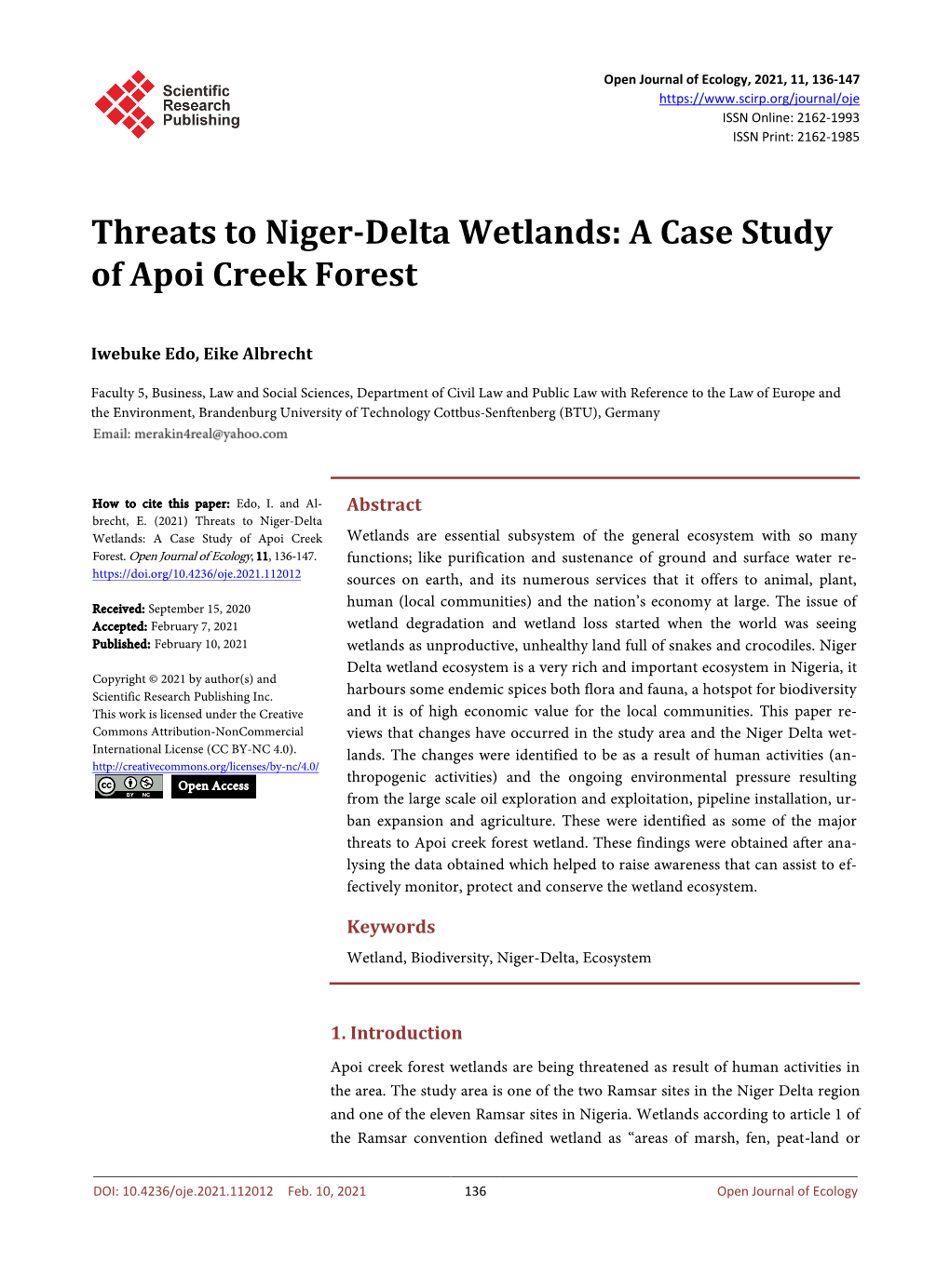 Threats to Niger-Delta Wetlands: a Case Study of Apoi Creek Forest