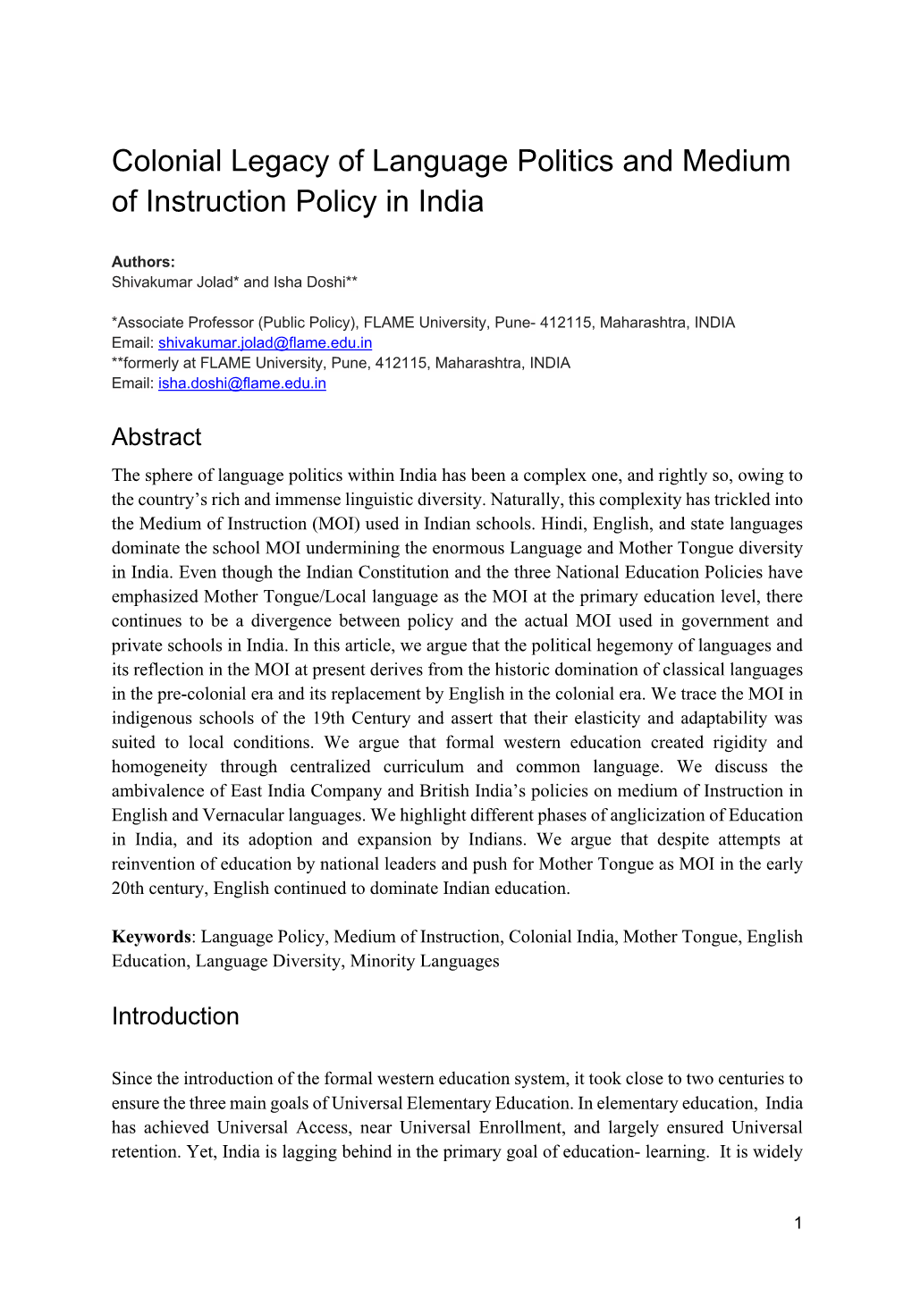 Colonial Legacy of Language Politics and Medium of Instruction Policy in India