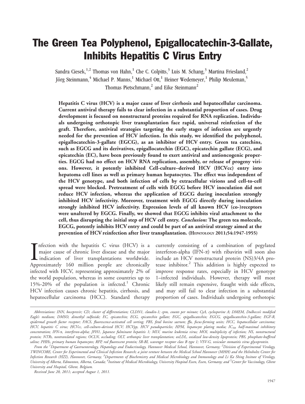 The Green Tea Polyphenol, Epigallocatechin3gallate, Inhibits Hepatitis C Virus Entry
