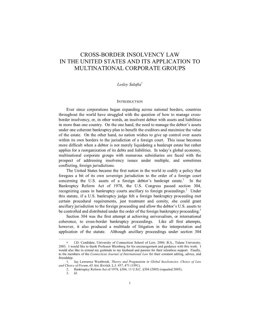 Cross-Border Insolvency Law in the United States and Its Application to Multinational Corporate Groups