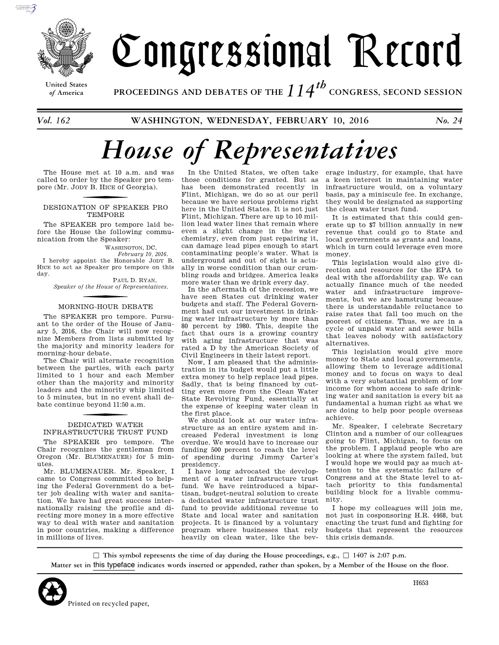 Congressional Record United States Th of America PROCEEDINGS and DEBATES of the 114 CONGRESS, SECOND SESSION