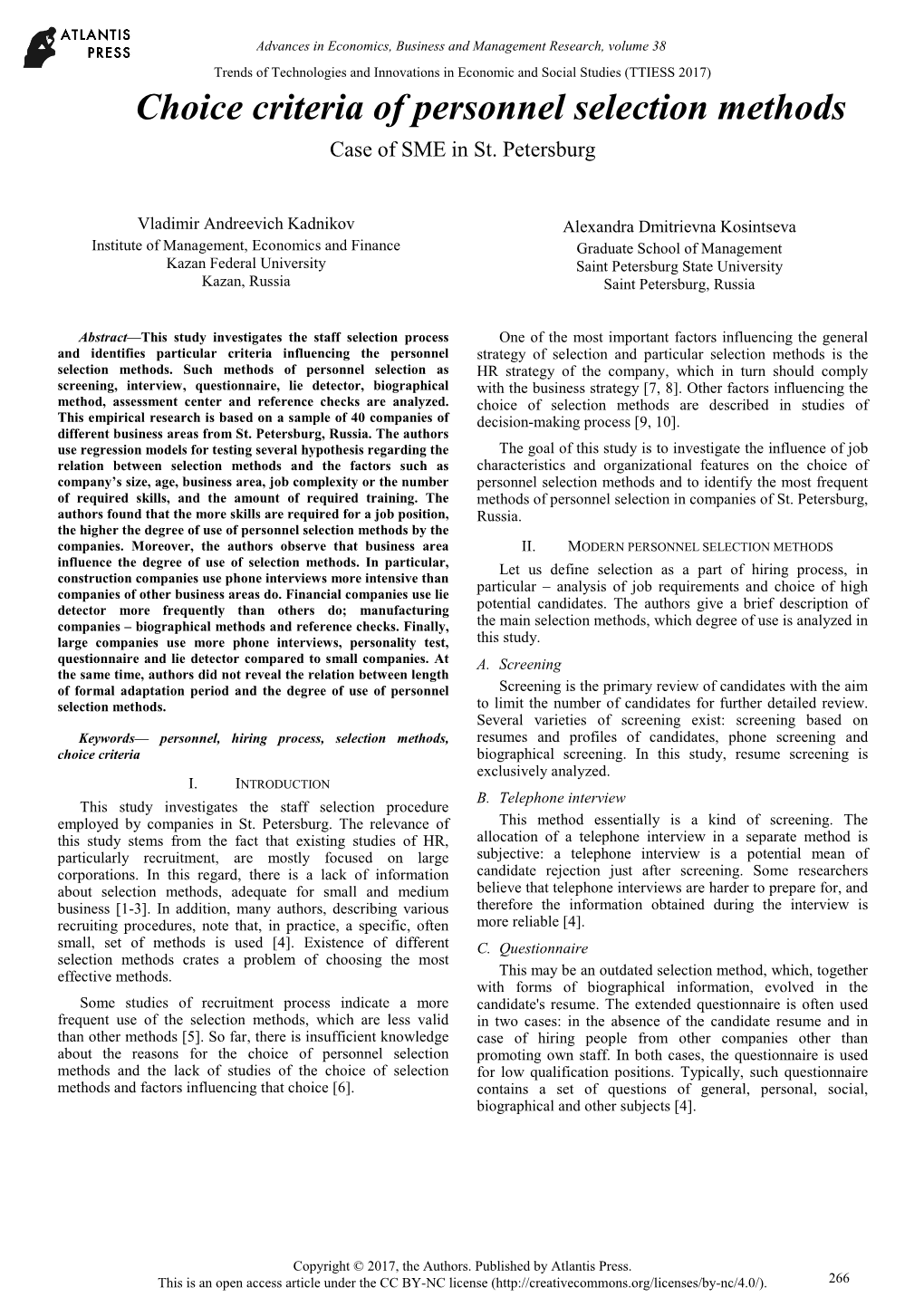 Choice Criteria of Personnel Selection Methods Case of SME in St