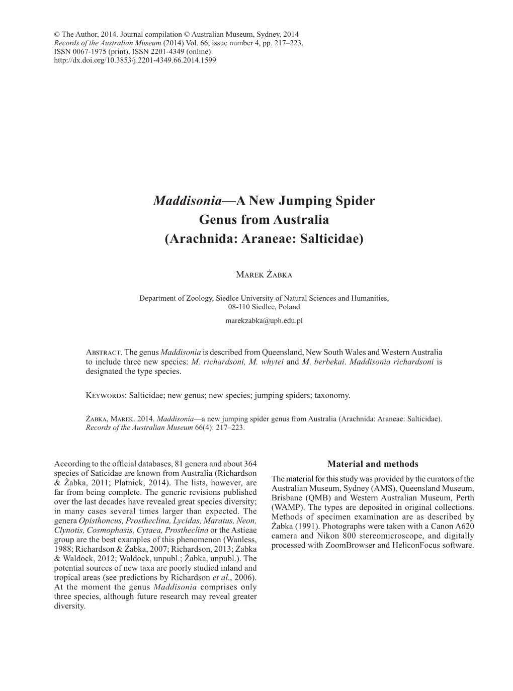 Maddisonia—A New Jumping Spider Genus from Australia (Arachnida: Araneae: Salticidae)