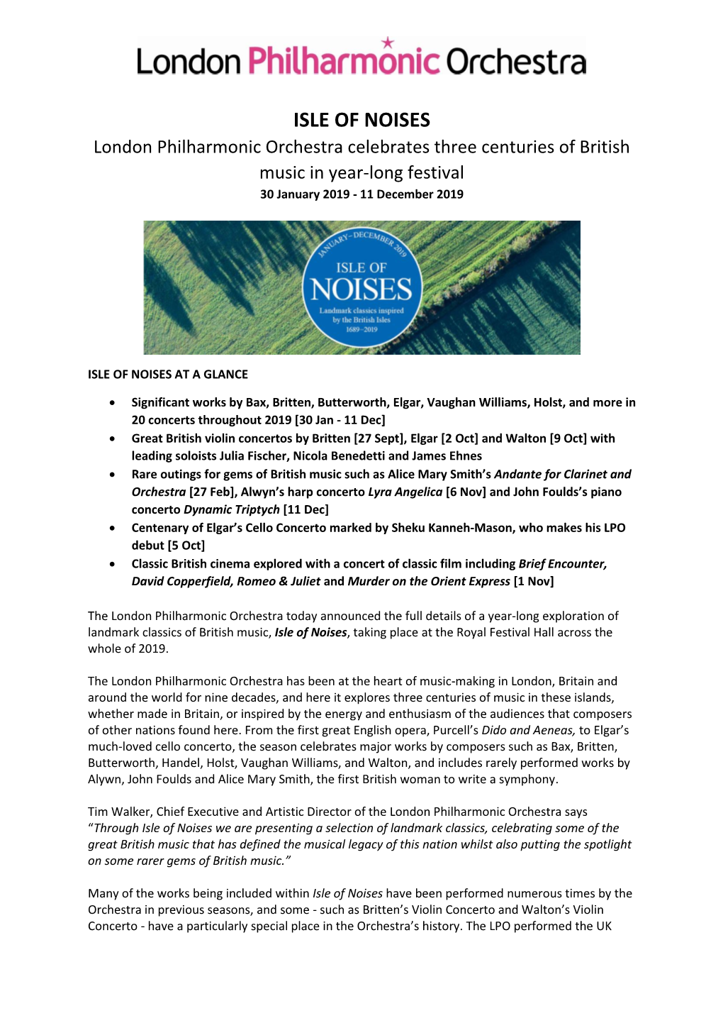 ISLE of NOISES London Philharmonic Orchestra Celebrates Three Centuries of British Music in Year-Long Festival 30 January 2019 - 11 December 2019