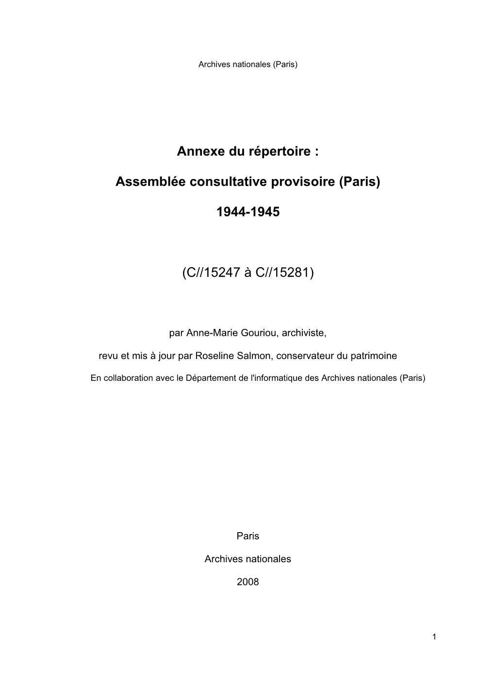 Annexe : Assemblée Consultative Provisoire De Paris