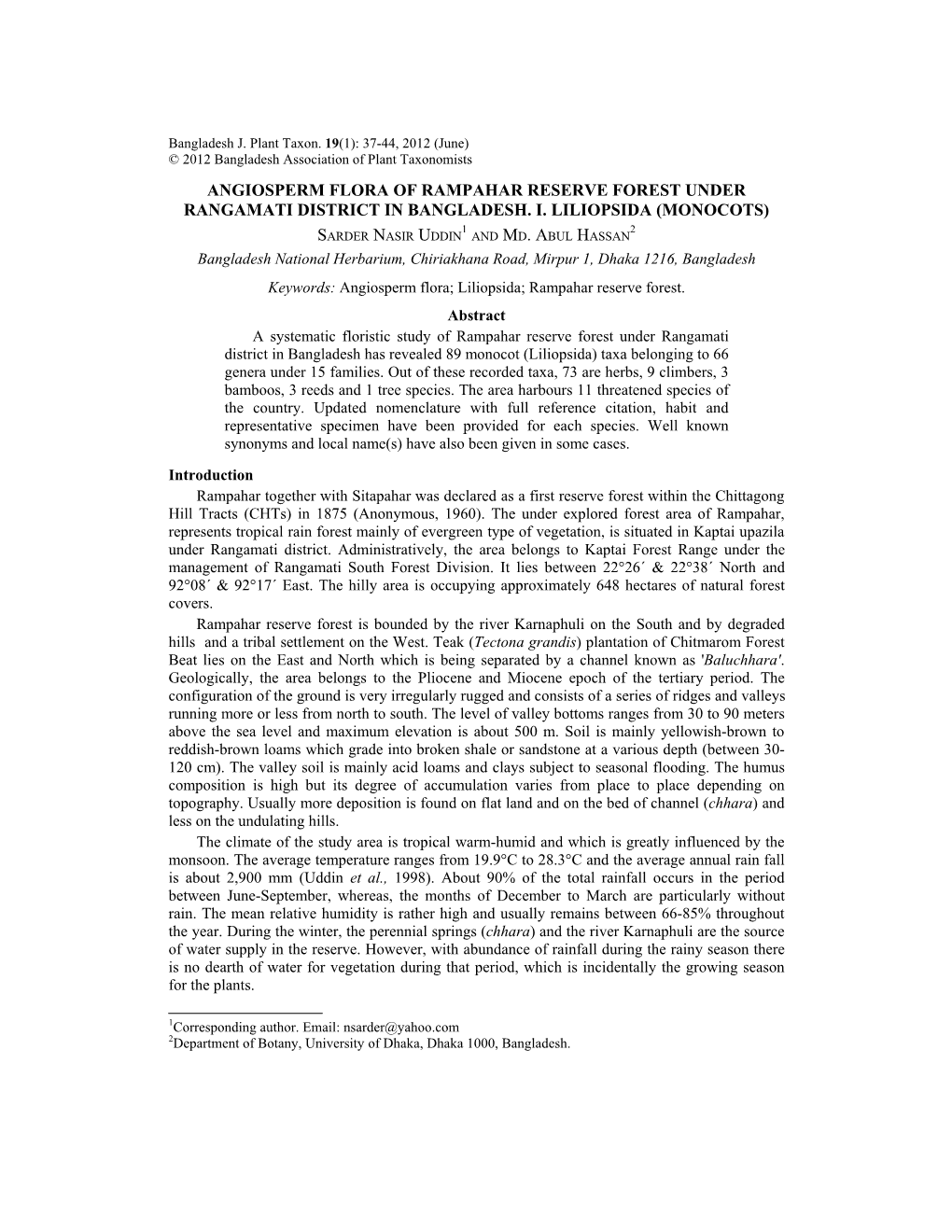 Angiosperm Flora of Rampahar Reserve Forest Under Rangamati District in Bangladesh