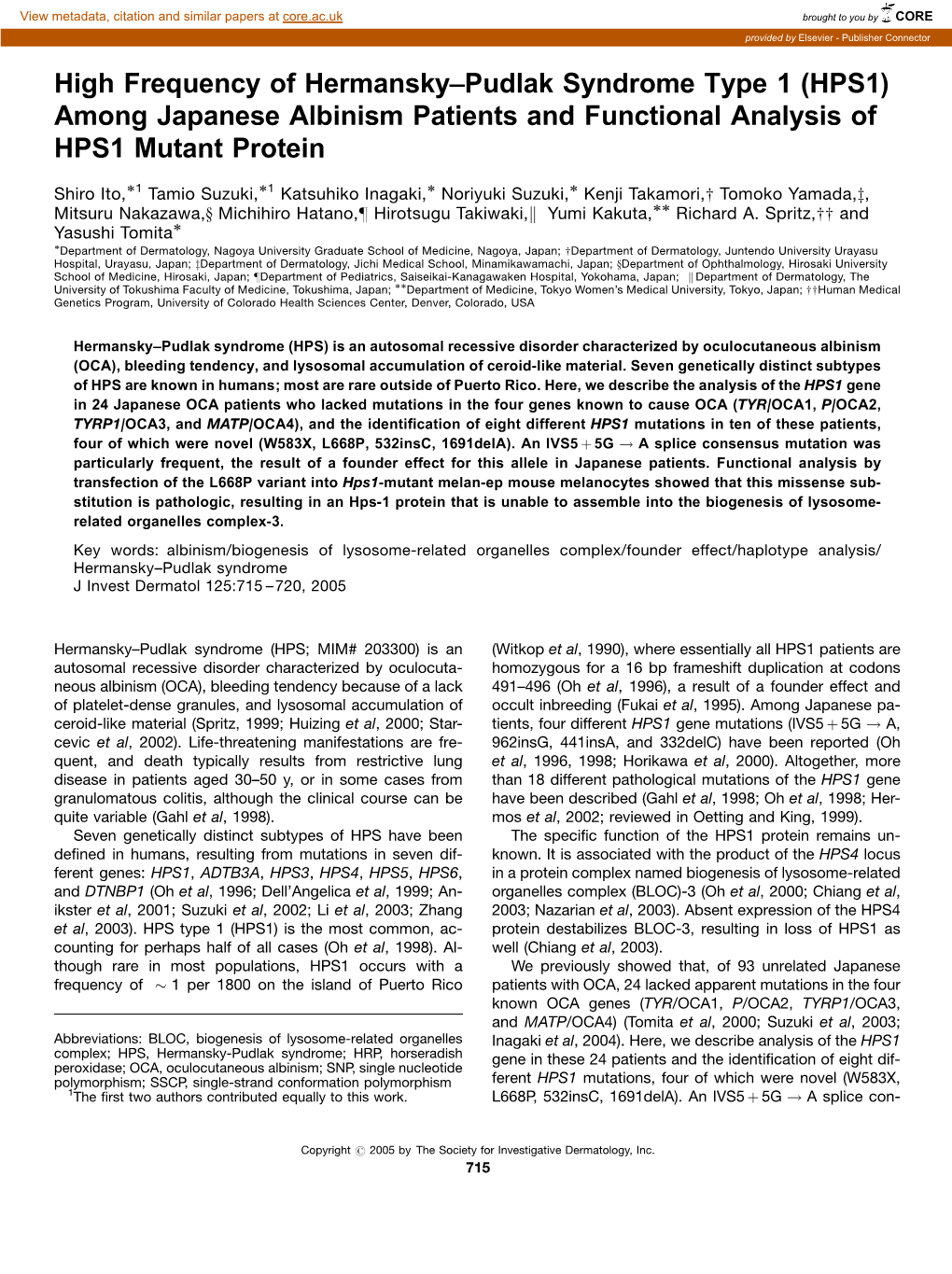 HPS1) Among Japanese Albinism Patients and Functional Analysis of HPS1 Mutant Protein