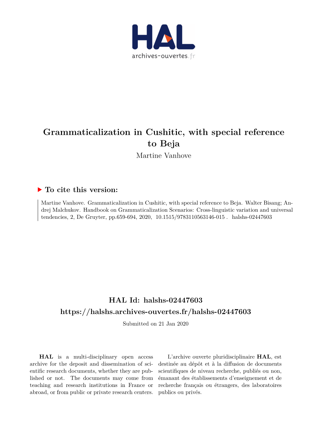 Grammaticalization in Cushitic, with Special Reference to Beja Martine Vanhove