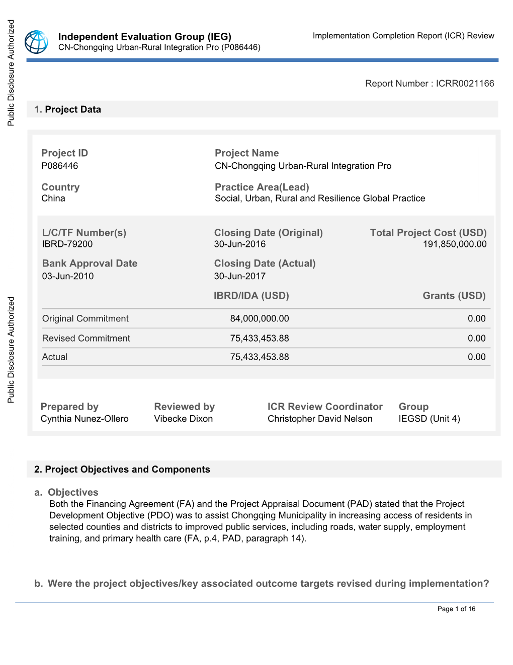 Implementation Completion Report (ICR) Review CN-Chongqing Urban-Rural Integration Pro (P086446)