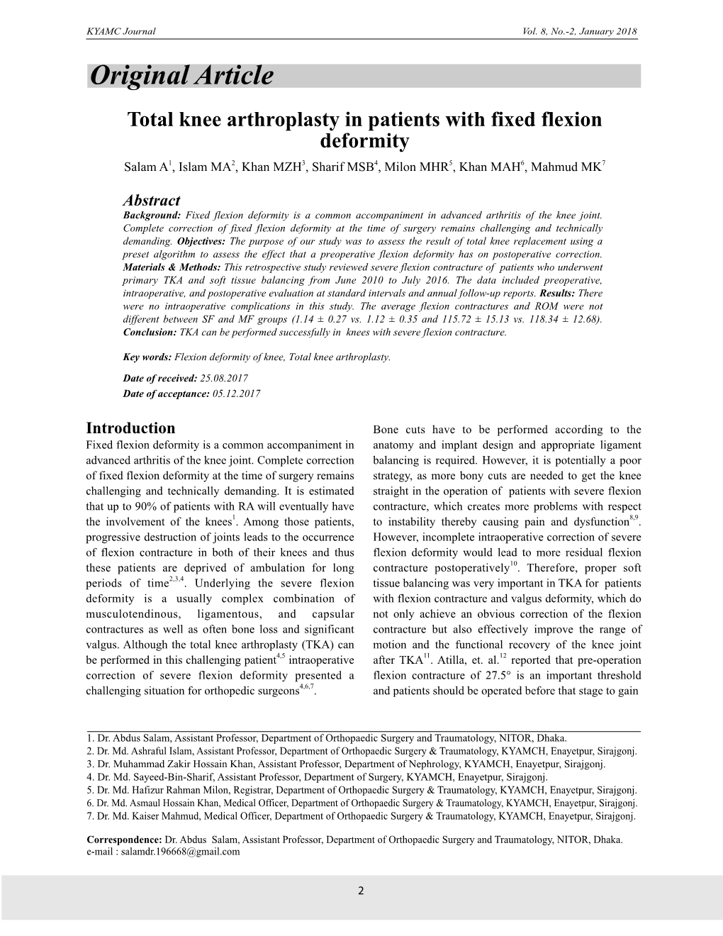 Total Knee Arthroplasty in Patients with Fixed Flexion Deformity Salam A1, Islam MA2, Khan MZH3, Sharif MSB4, Milon MHR5, Khan MAH6, Mahmud MK7