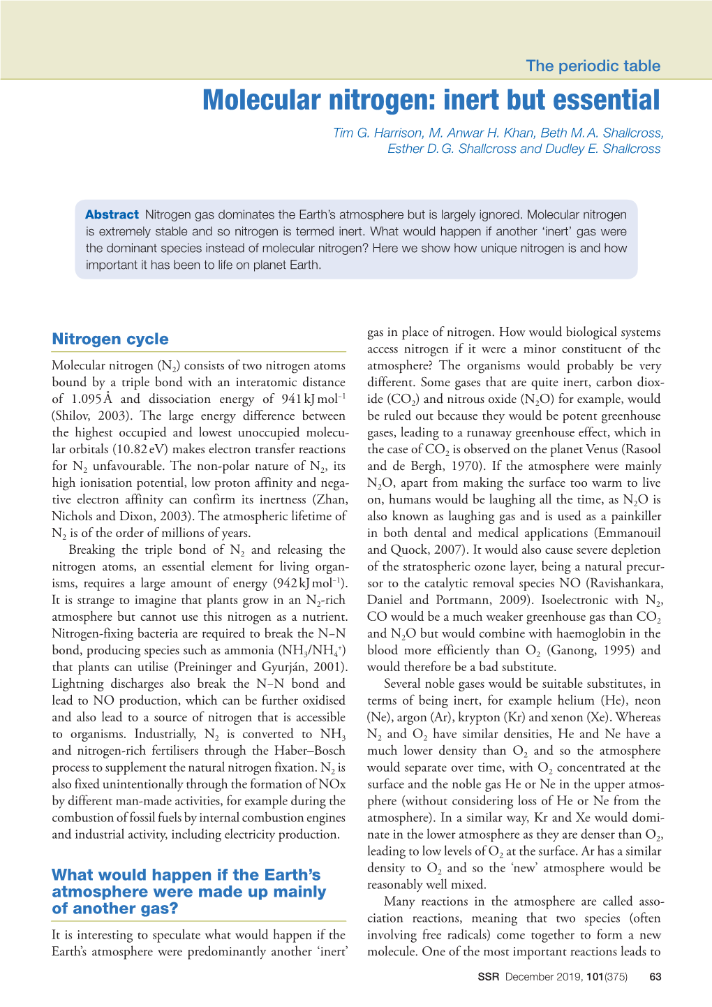 Molecular Nitrogen: Inert but Essential Tim G