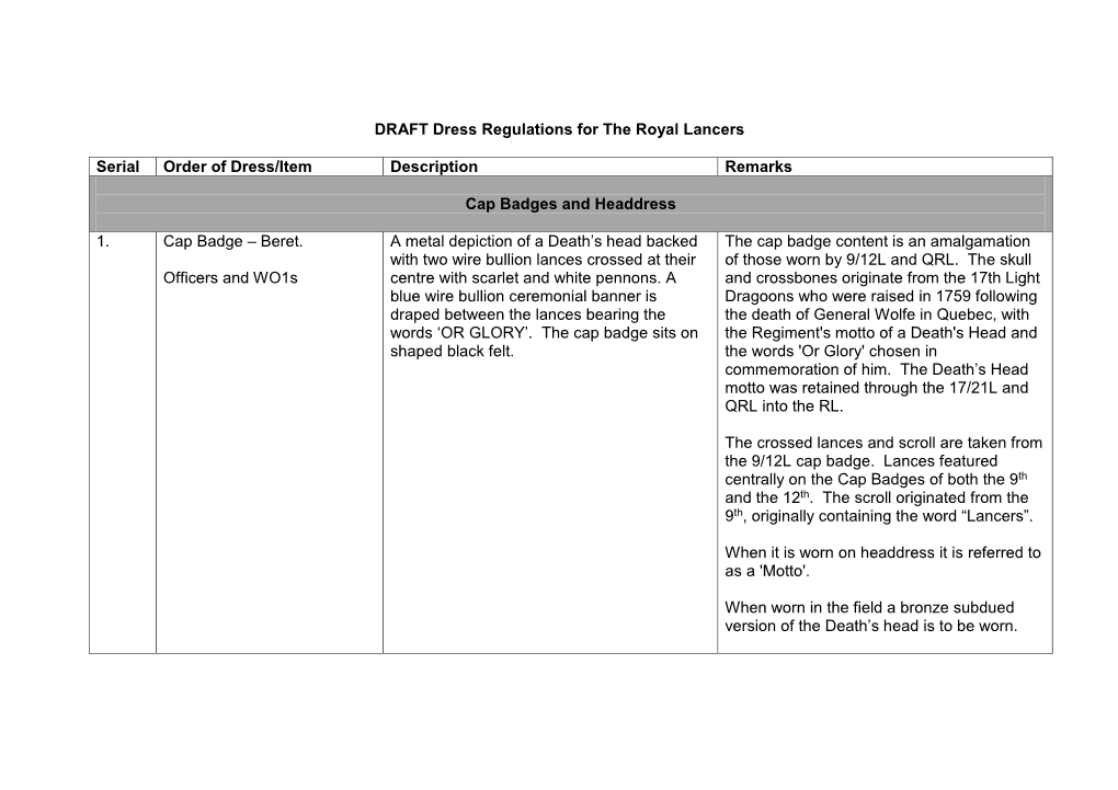 DRAFT Dress Regulations for the Royal Lancers