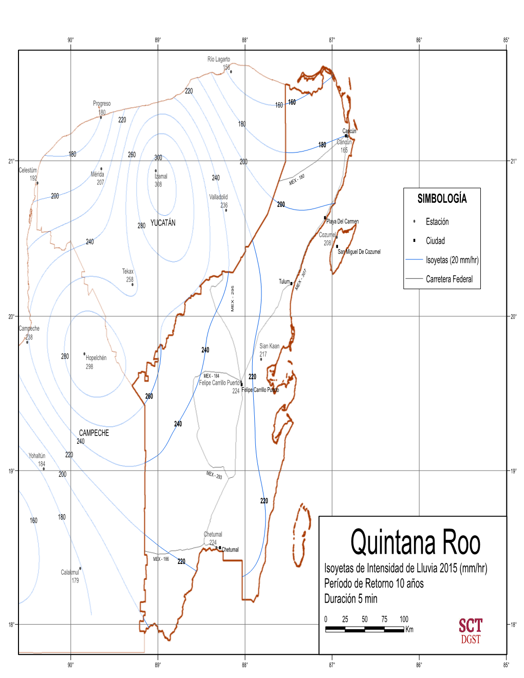 Quintana Roo MEX - 186 220 ! Calakmul Isoyetas De Intensidad De Lluvia 2015 (Mm/Hr) 179 Período De Retorno 10 Años Duración 5 Min