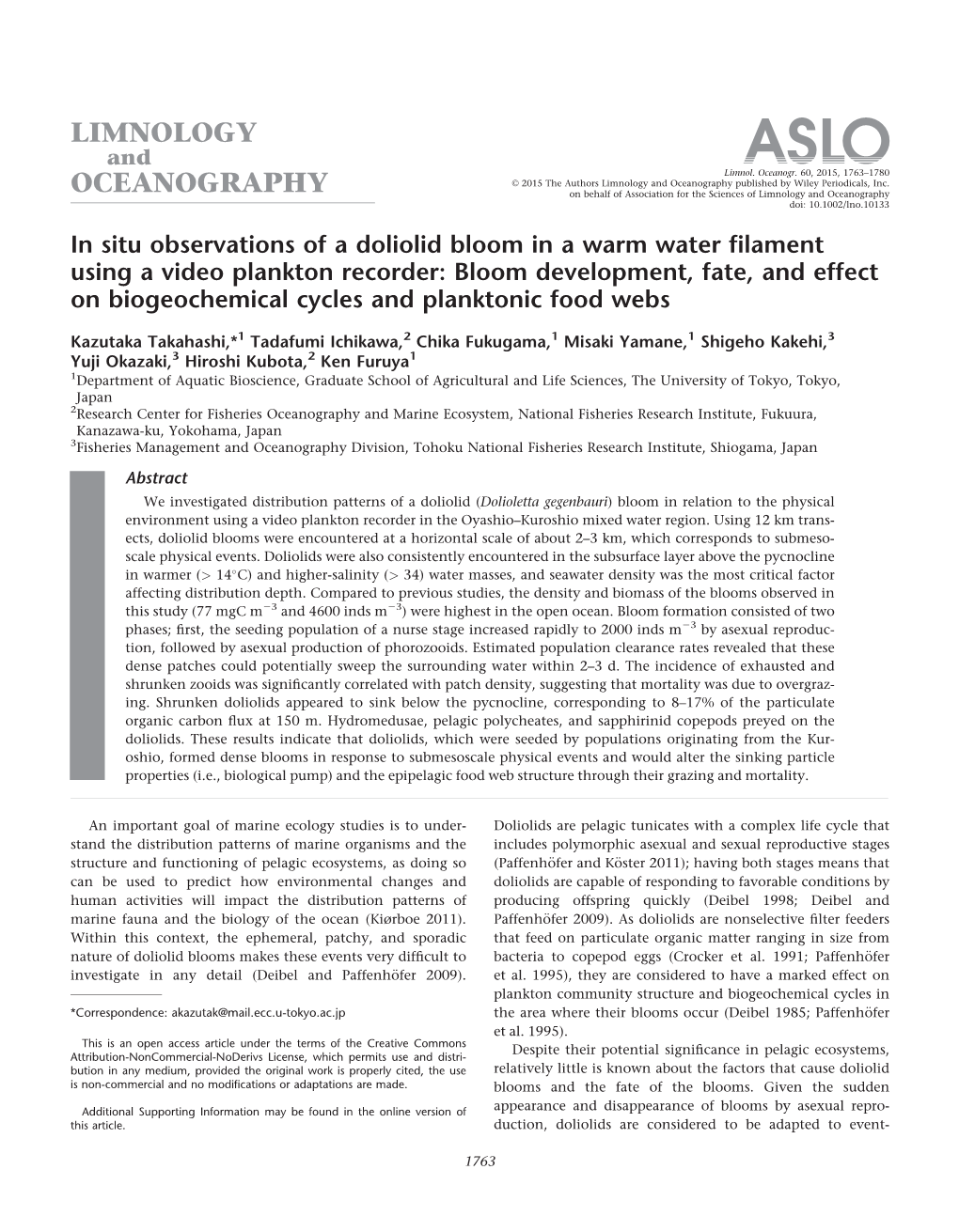 In Situ Observations of a Doliolid Bloom in a Warm Water